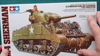 Tamiya 135 US Medium Tank M4 Sherman Early Production  Kit Review [upl. by Nnaeirelav]